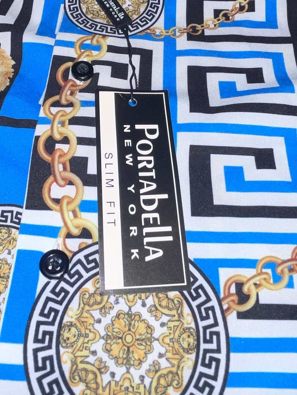 Portabella Slim Fit Shirt Size 2XL Blue Baroque Chain Print Button Down